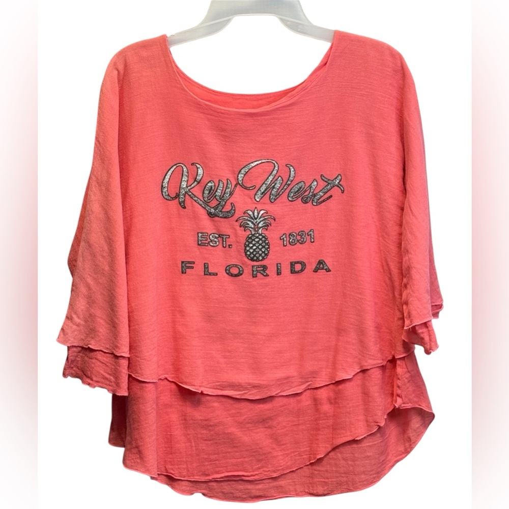 Key West Florida Graphic Top Coral Layered Hem Size S